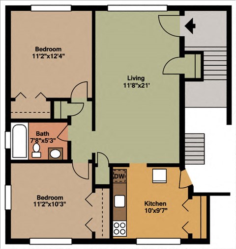 Floor plan for 2 beds, 1 bath, 713 sqft